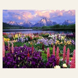 Flowers and Lake near the Mountain finished paint by numbers artwork