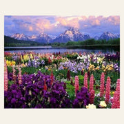 Flowers and Lake near the Mountain finished paint by numbers artwork