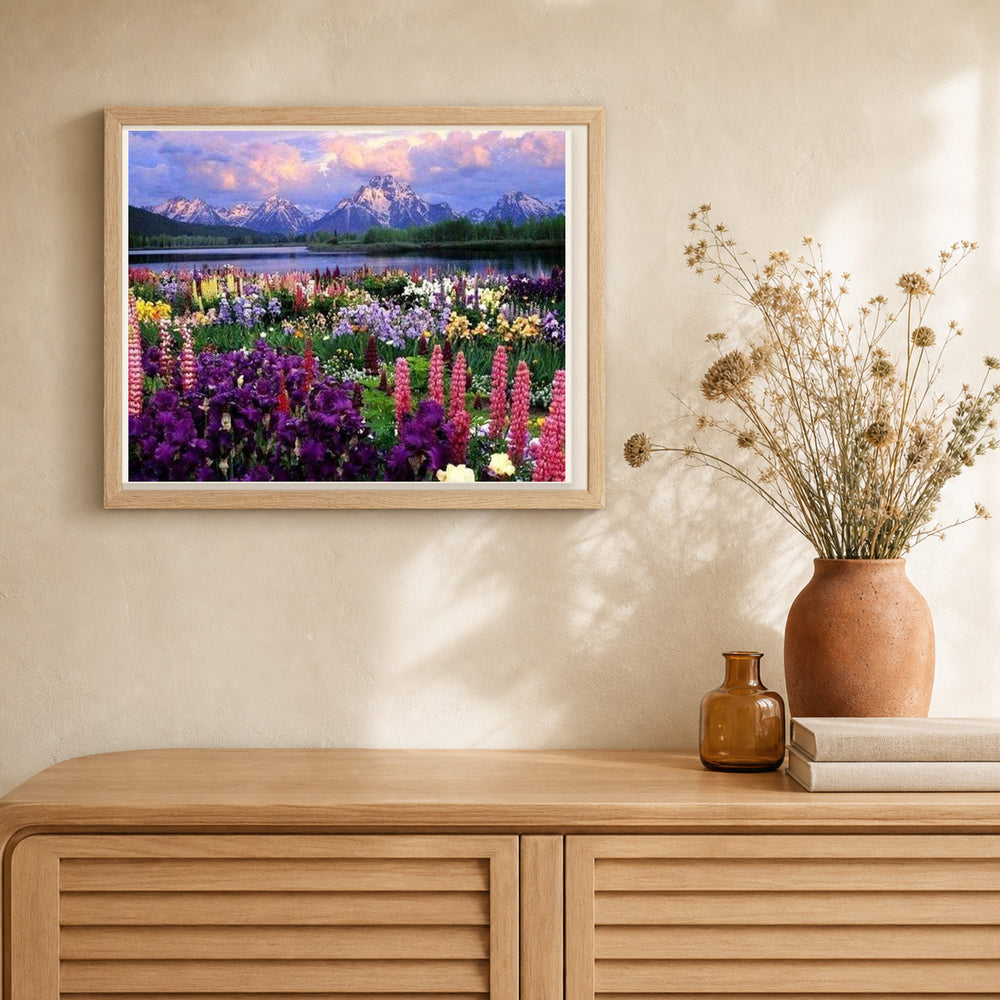 Flowers and Lake near the Mountain artwork displayed in a warm interior