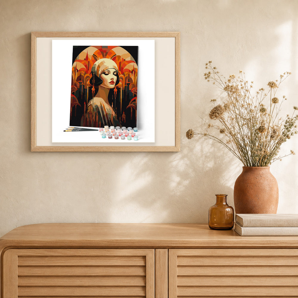 Art Deco Woman artwork displayed in a warm interior