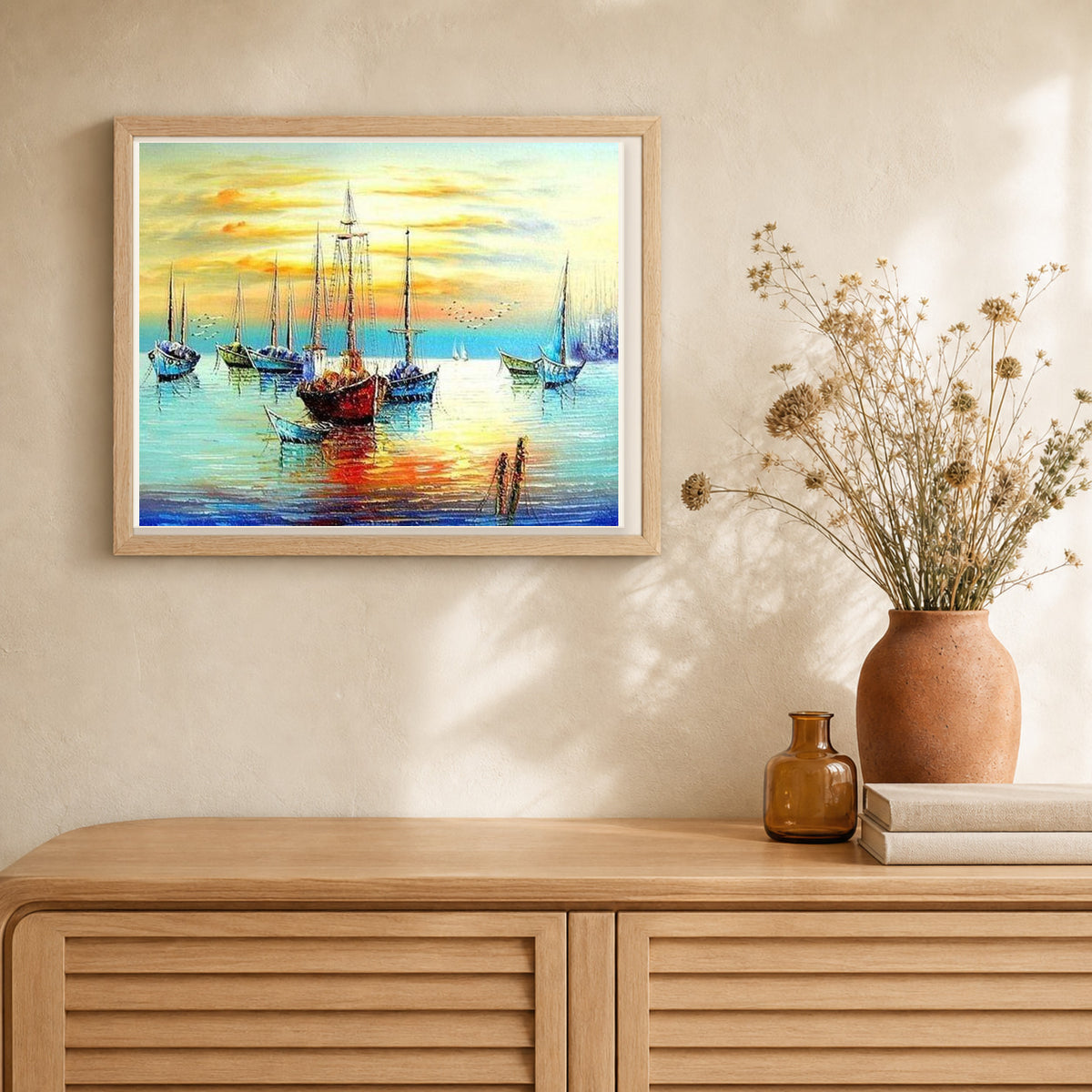 Sailboats at the Port artwork displayed in a warm interior