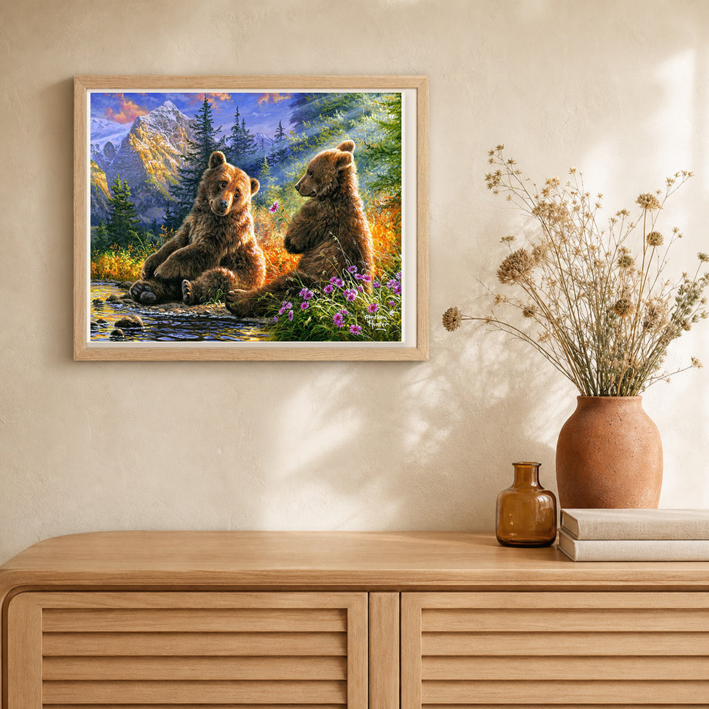 Sitting Bears artwork displayed in a warm interior