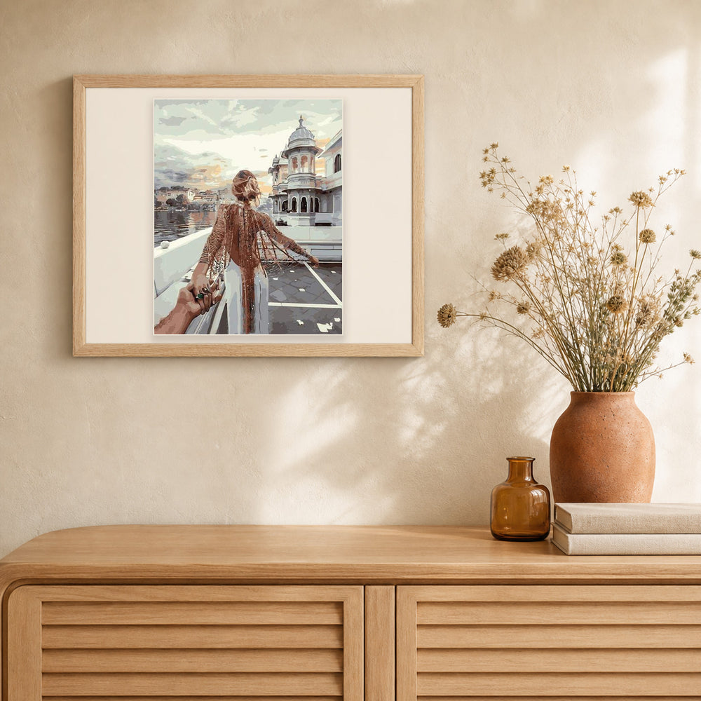 Romantic stroll artwork displayed in a warm interior