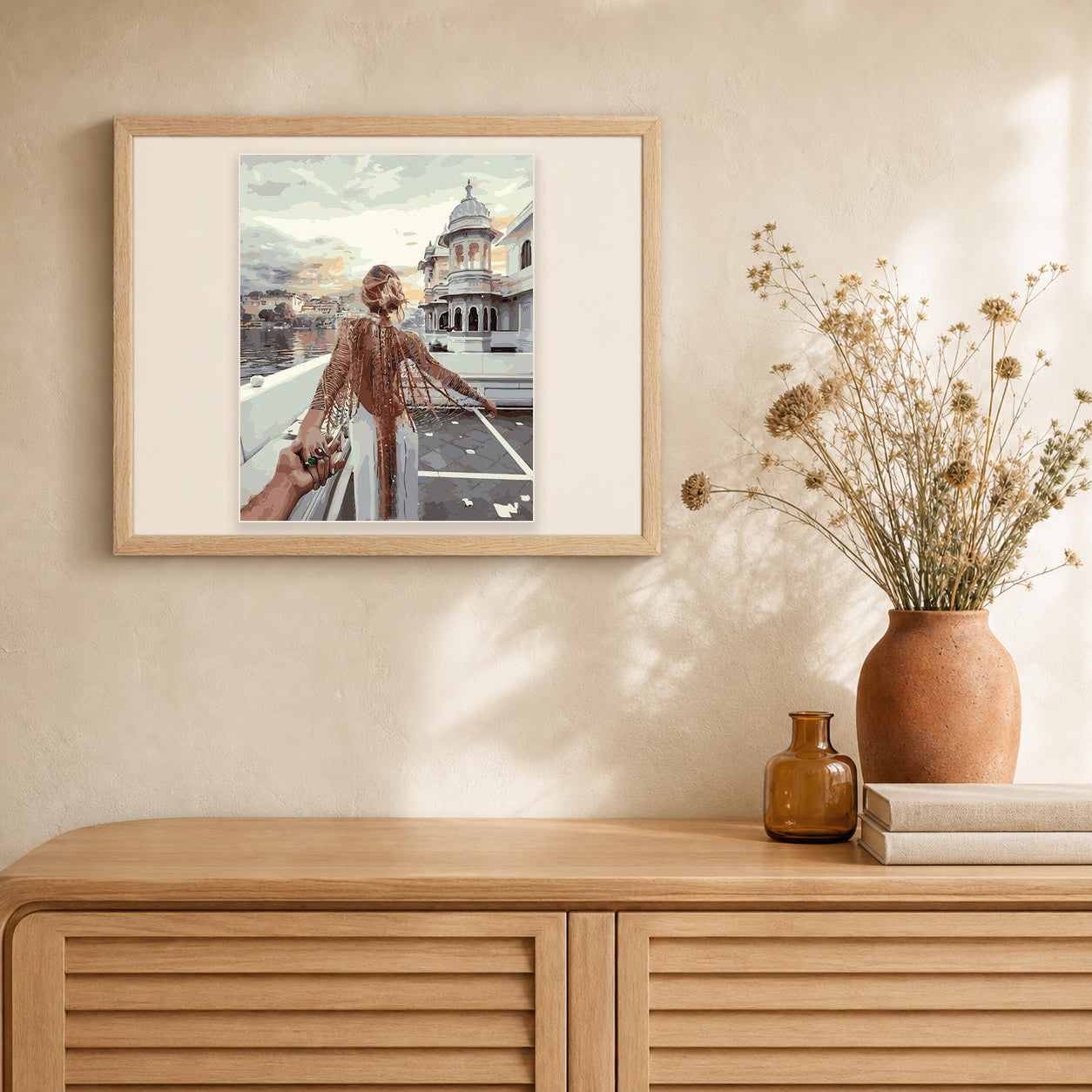 Romantic stroll artwork displayed in a warm interior