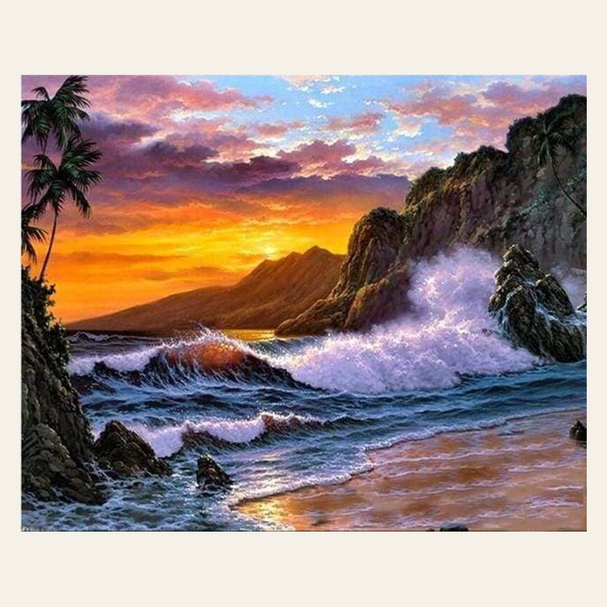 Cliff and Waves finished paint by numbers artwork