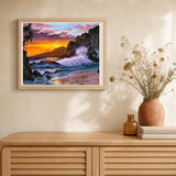 Cliff and Waves artwork displayed in a warm interior