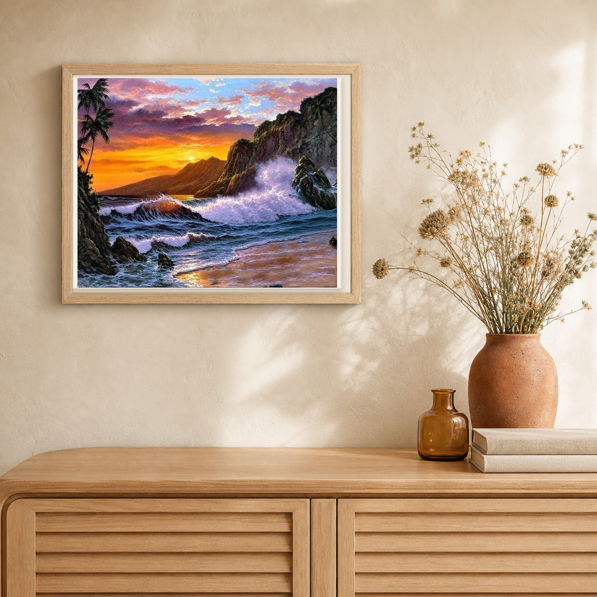 Cliff and Waves artwork displayed in a warm interior