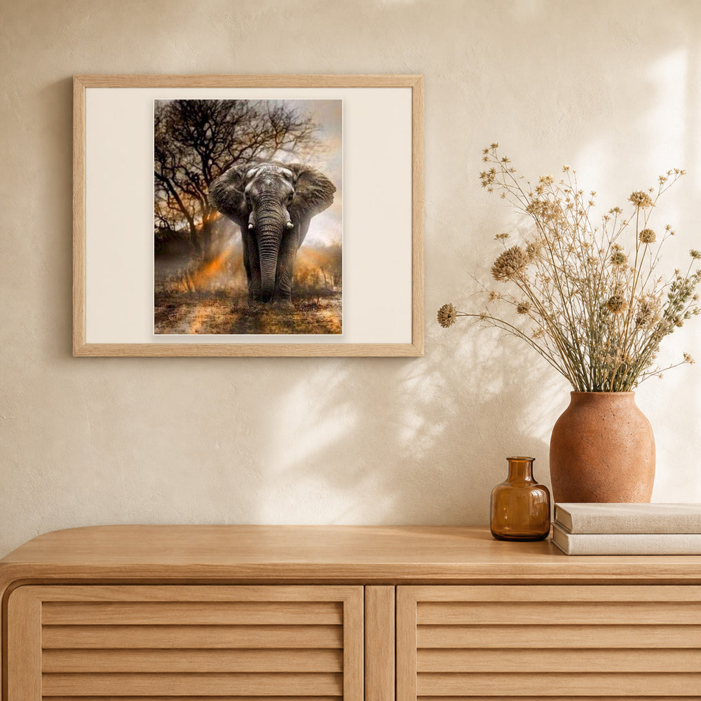 Lonely Elephant artwork displayed in a warm interior