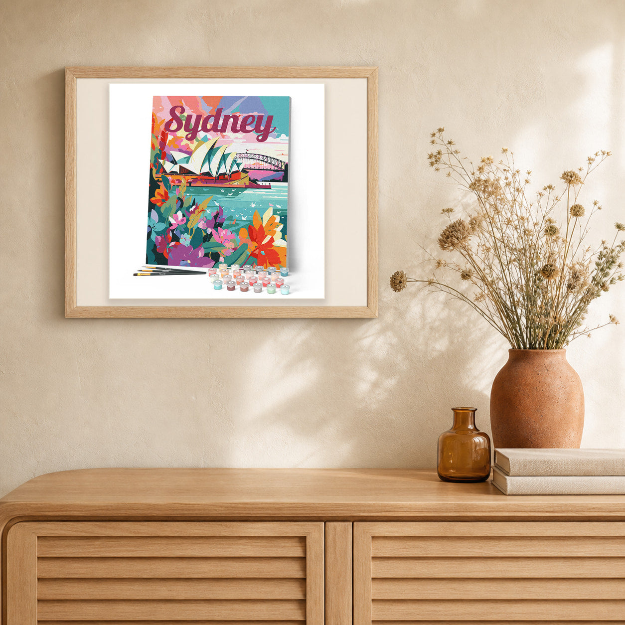 Travel Poster Sydney artwork displayed in a warm interior