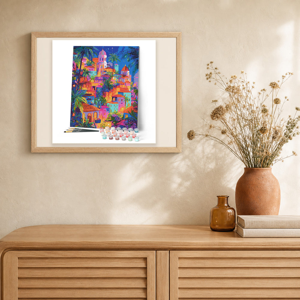 Tropical Dream City artwork displayed in a warm interior
