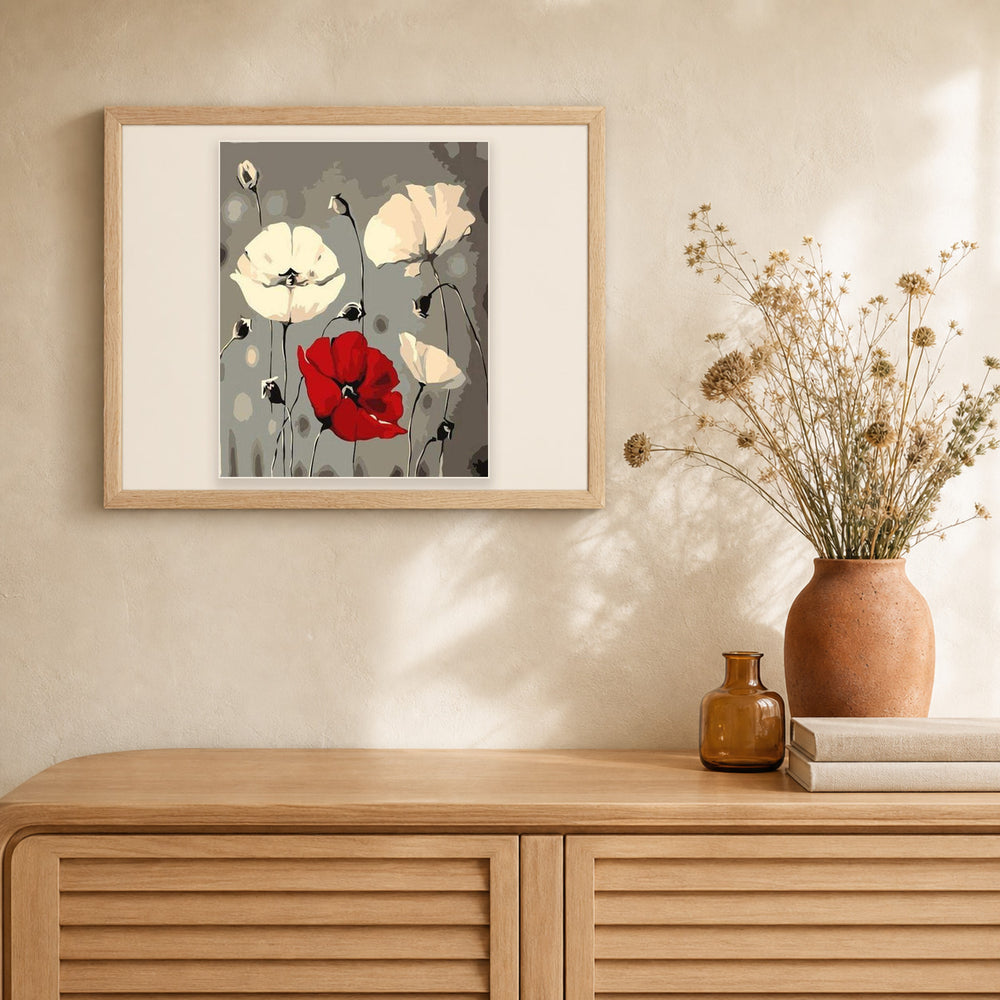 Red and White Flowers artwork displayed in a warm interior