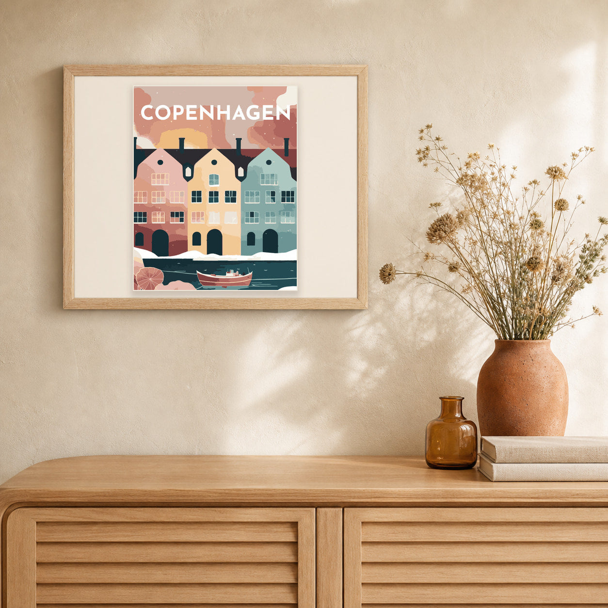 Travel Poster Copenhagen artwork displayed in a warm interior