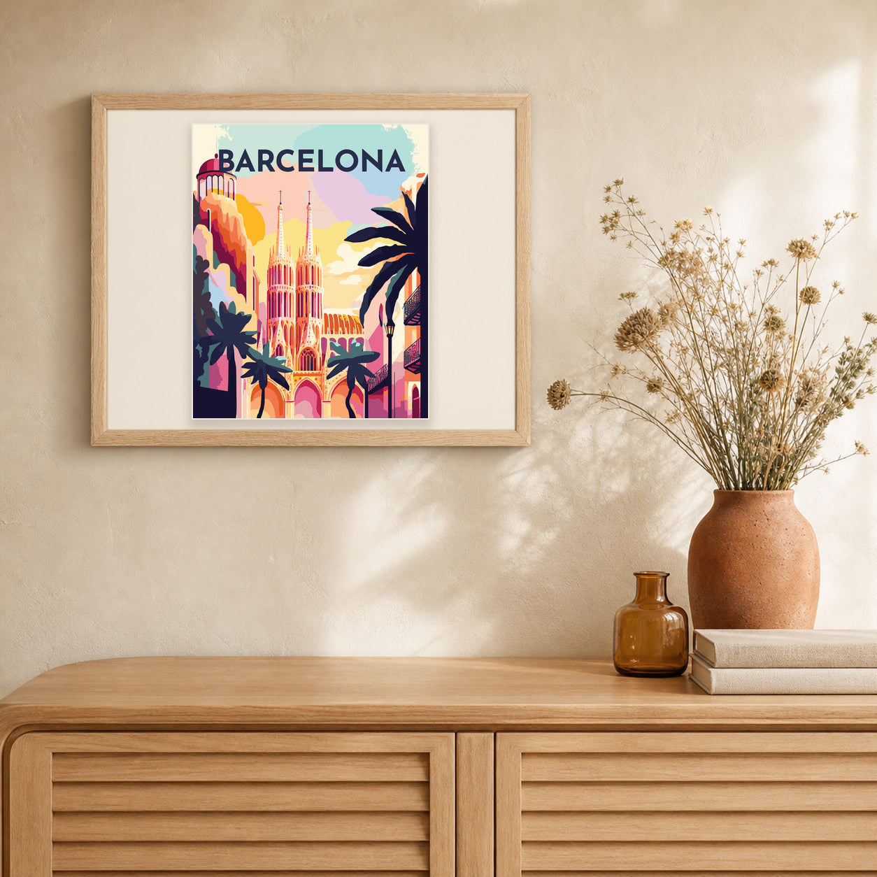 Travel Poster Barcelona artwork displayed in a warm interior