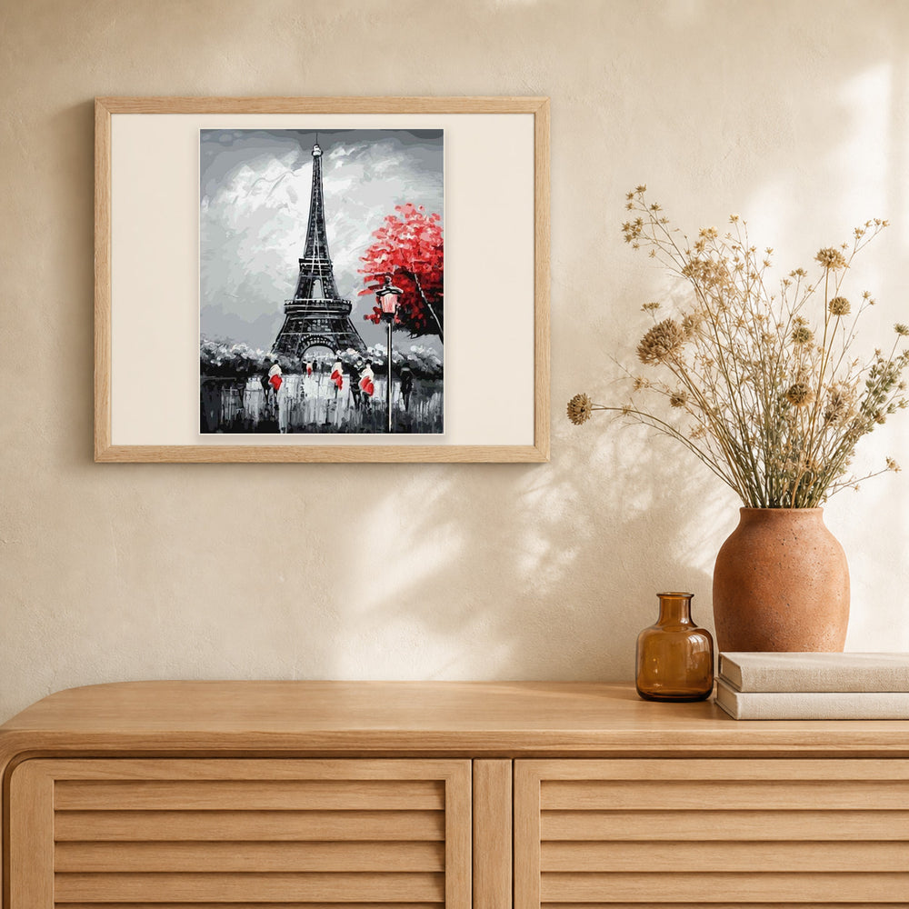Paris Eiffel Tower artwork displayed in a warm interior