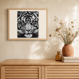 Tiger Head Black And White artwork displayed in a warm interior