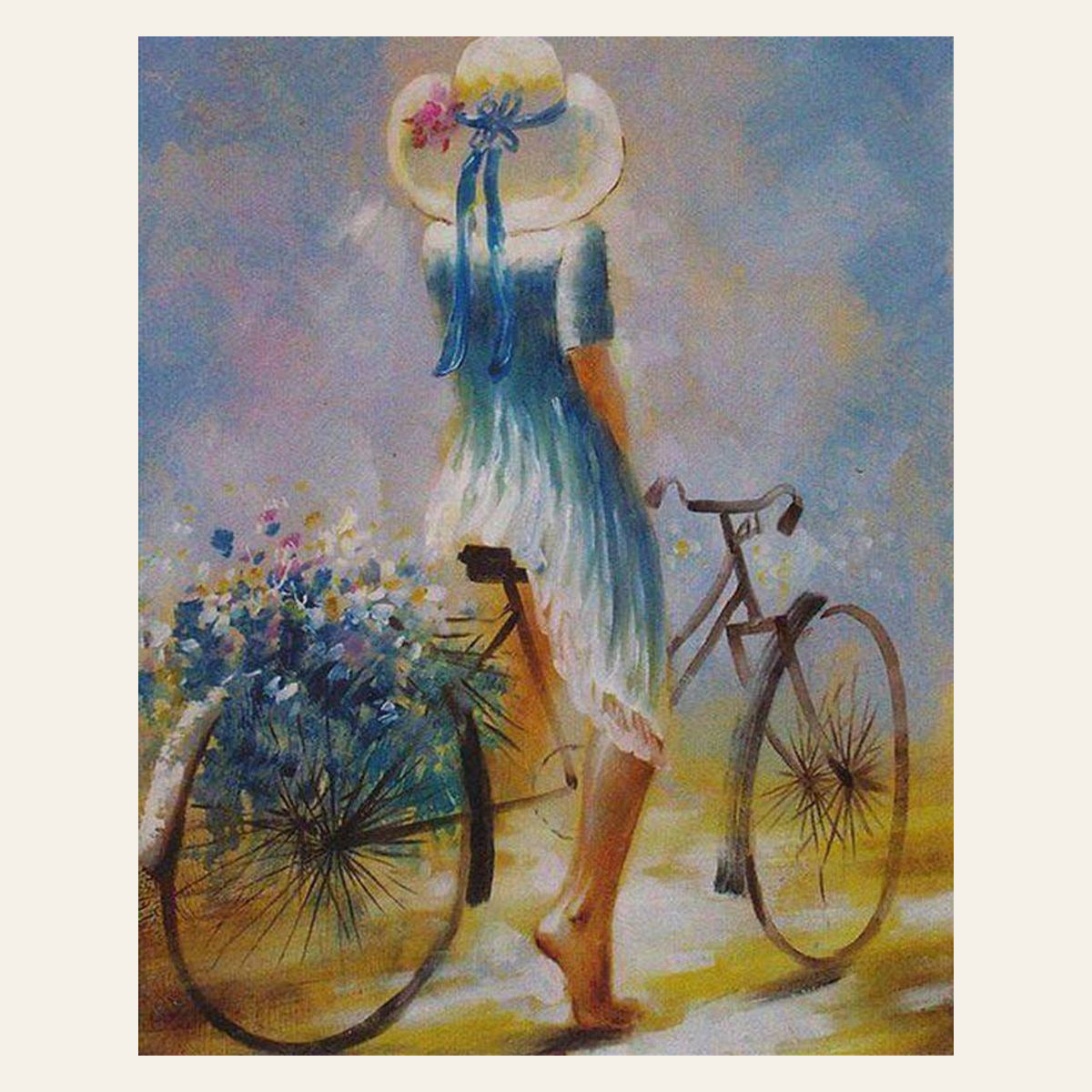 Young woman on a bicycle finished paint by numbers artwork