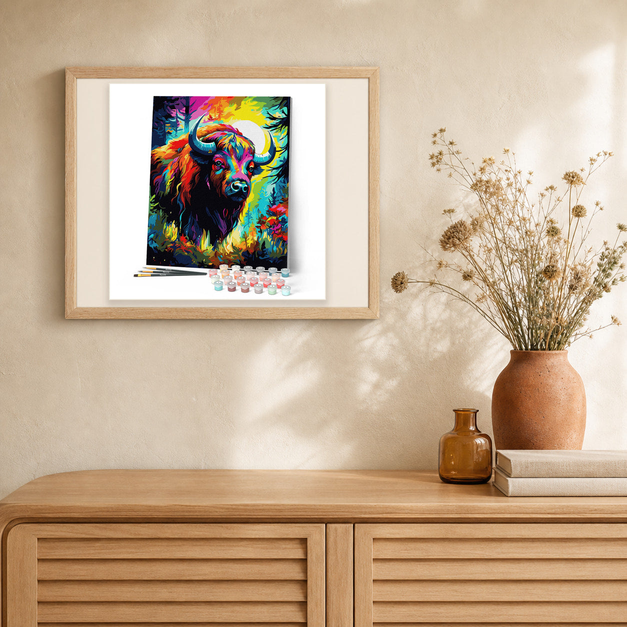 Colorful Abstract Bison artwork displayed in a warm interior