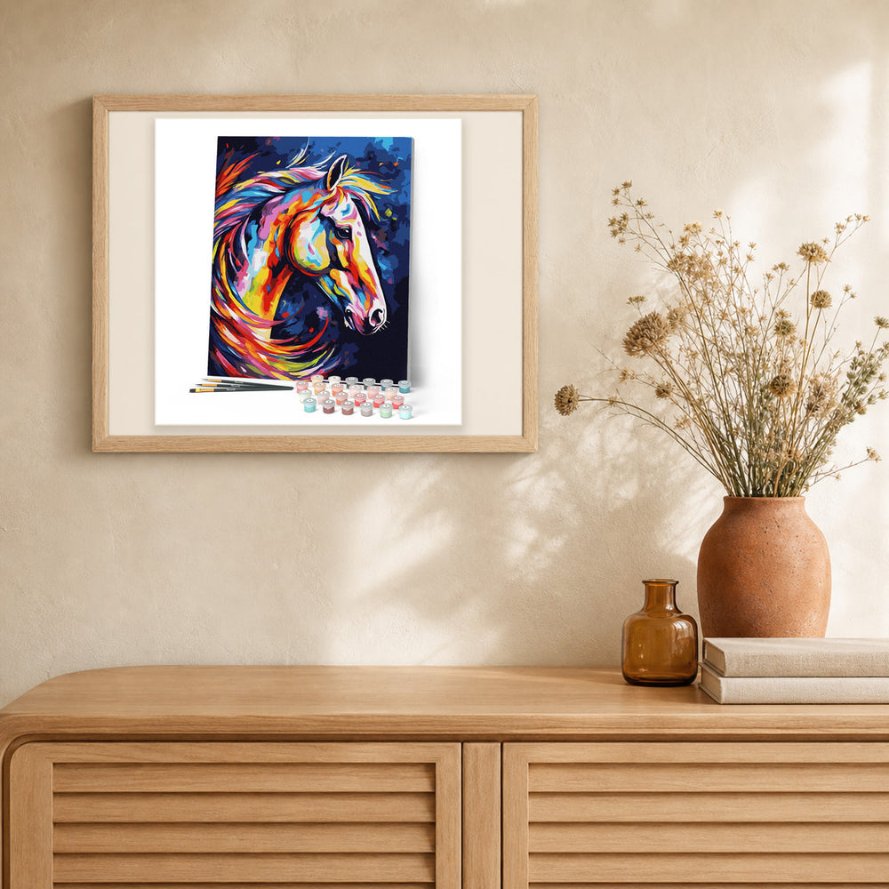 Colorful Abstract Horse artwork displayed in a warm interior