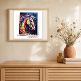 Colorful Abstract Horse artwork displayed in a warm interior
