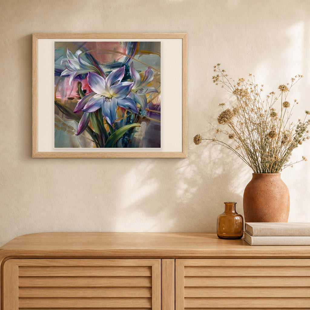 Colorful Lilies artwork displayed in a warm interior