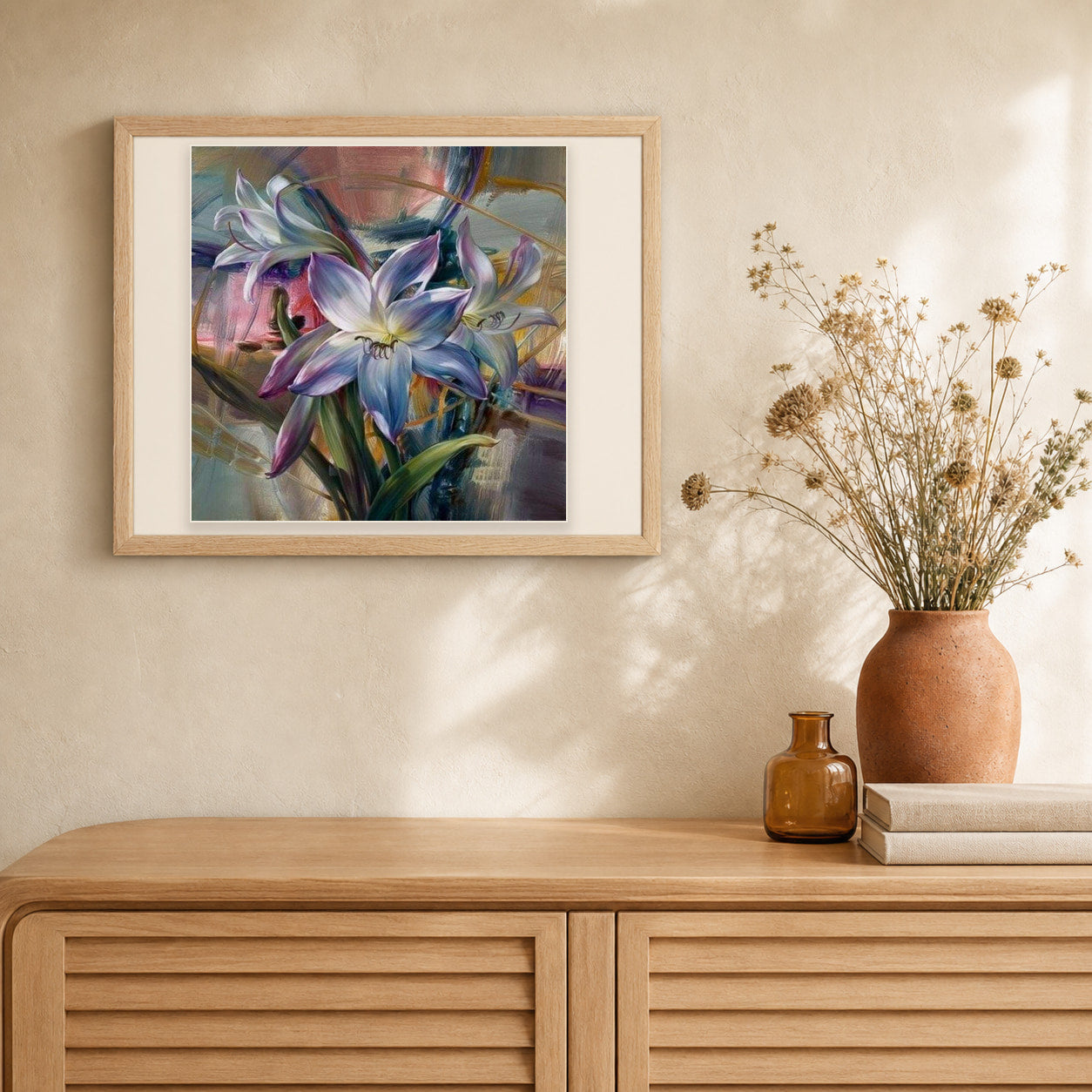 Colorful Lilies artwork displayed in a warm interior