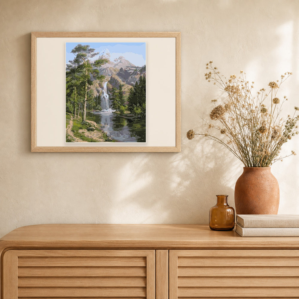 Waterfall near the mountain artwork displayed in a warm interior
