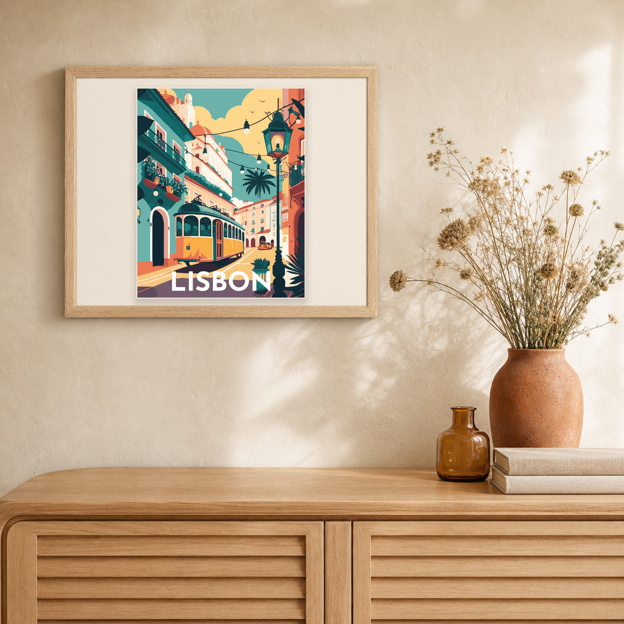 Travel Poster Lisbon artwork displayed in a warm interior
