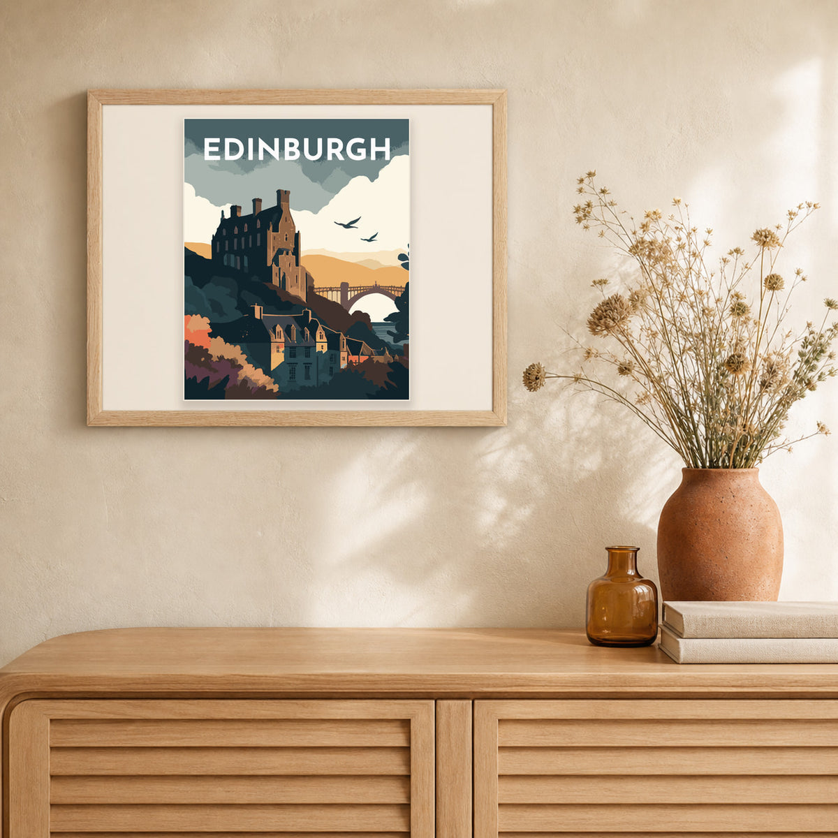 Travel Poster Edinburgh artwork displayed in a warm interior