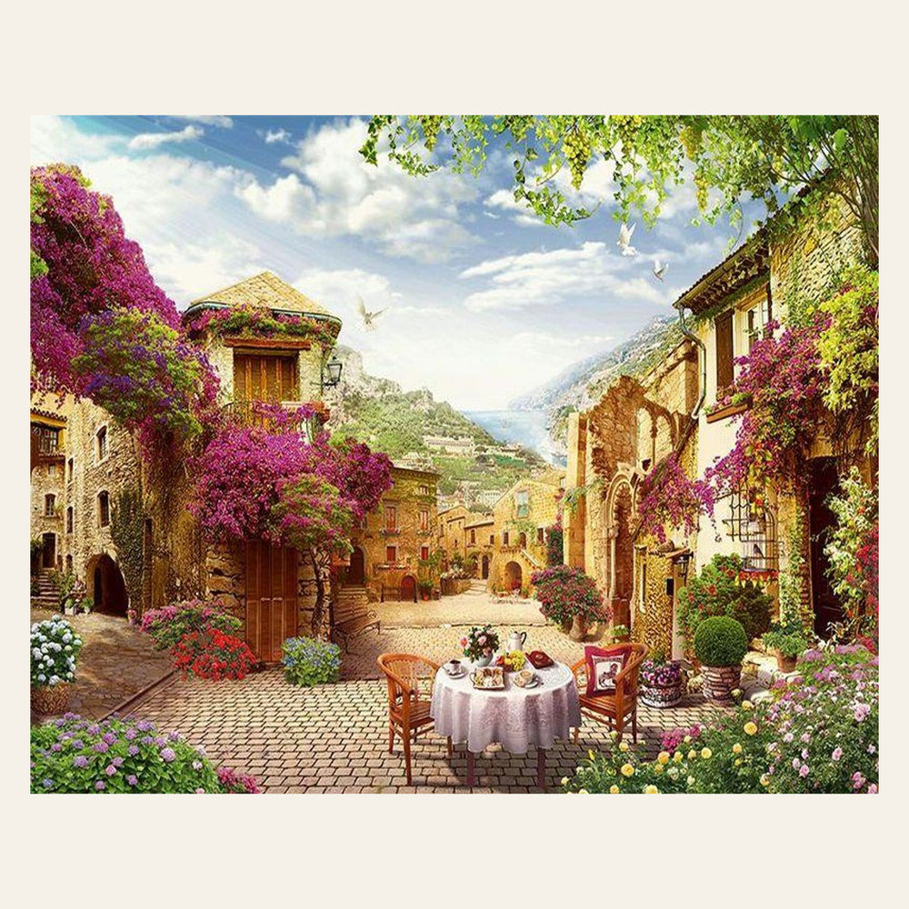 Breakfast in a Mediterranean village finished paint by numbers artwork