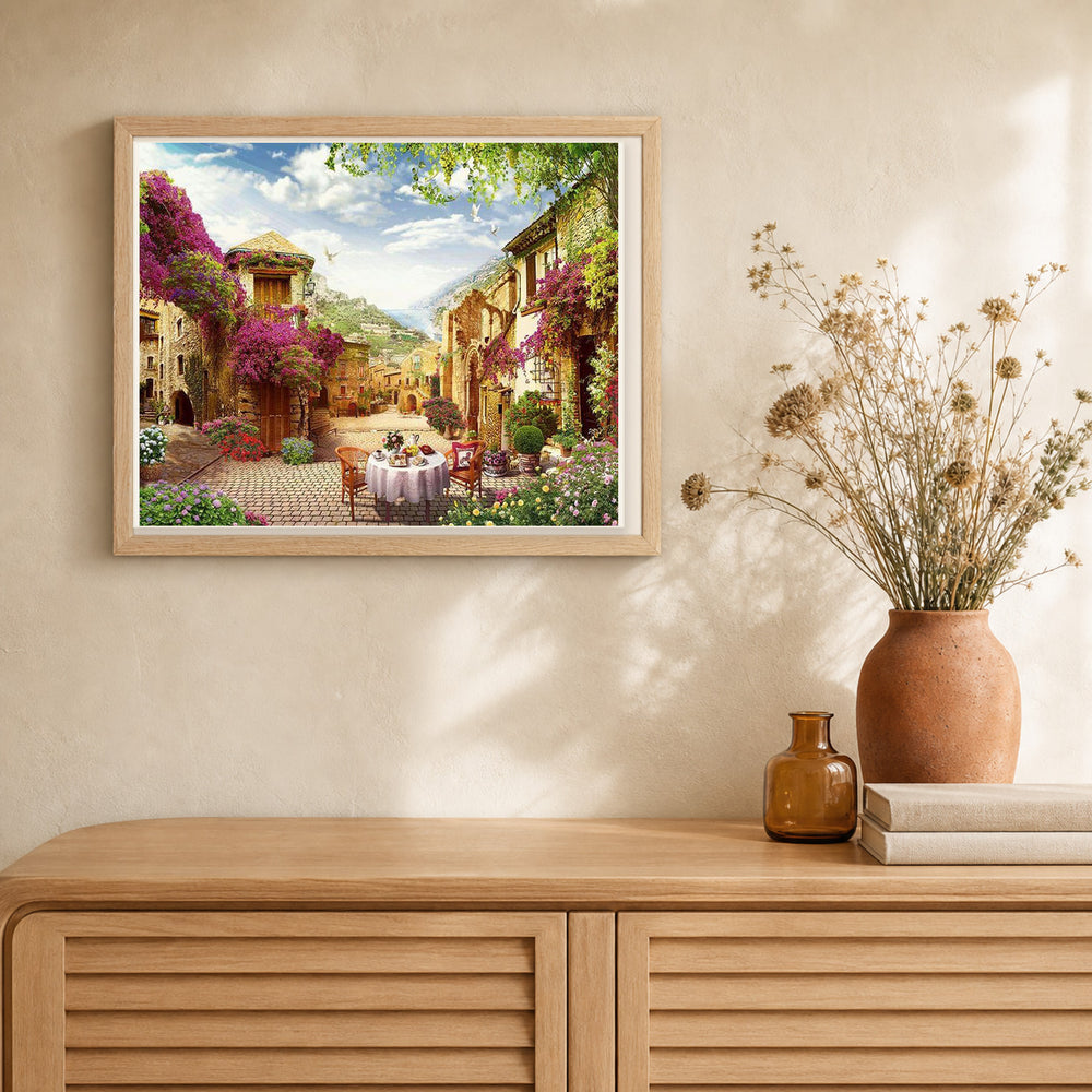 Breakfast in a Mediterranean village artwork displayed in a warm interior