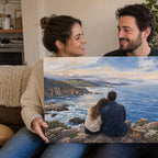 A couple holding a finished painting of a shared memory
