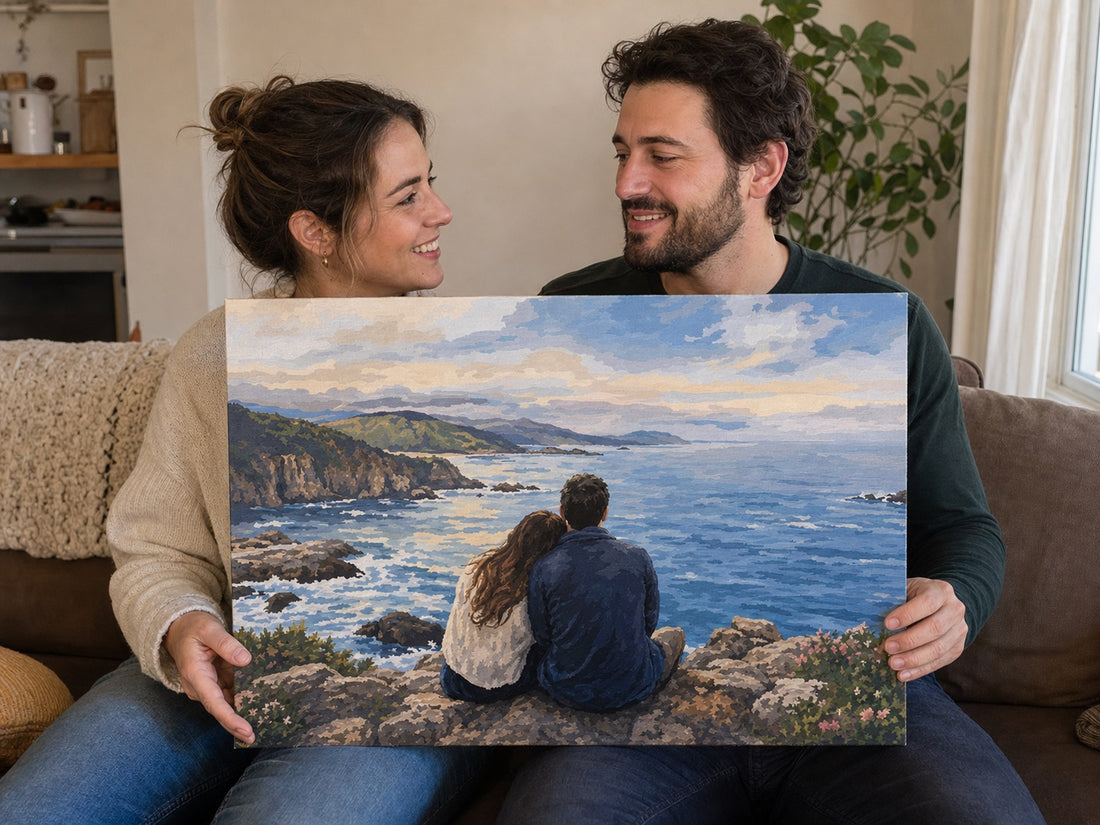 Couple holding a finished custom artwork inspired by a shared trip