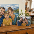 A finished custom family portrait displayed beside its photo