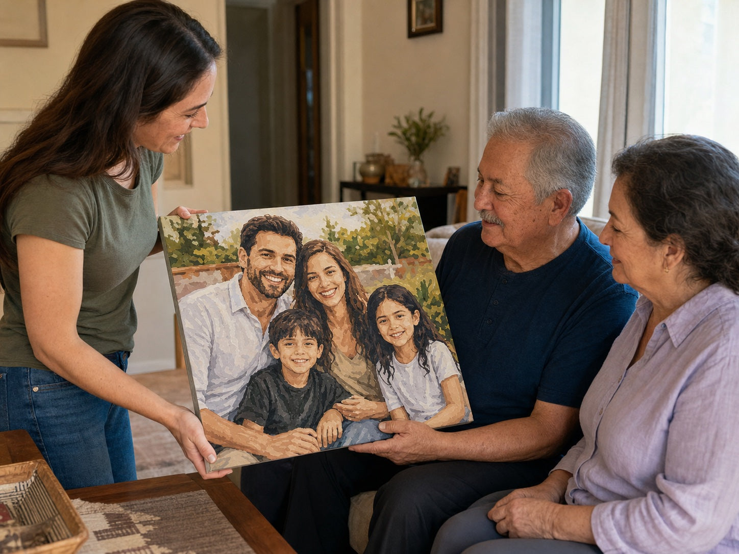 Family member giving a finished custom portrait to an older parent