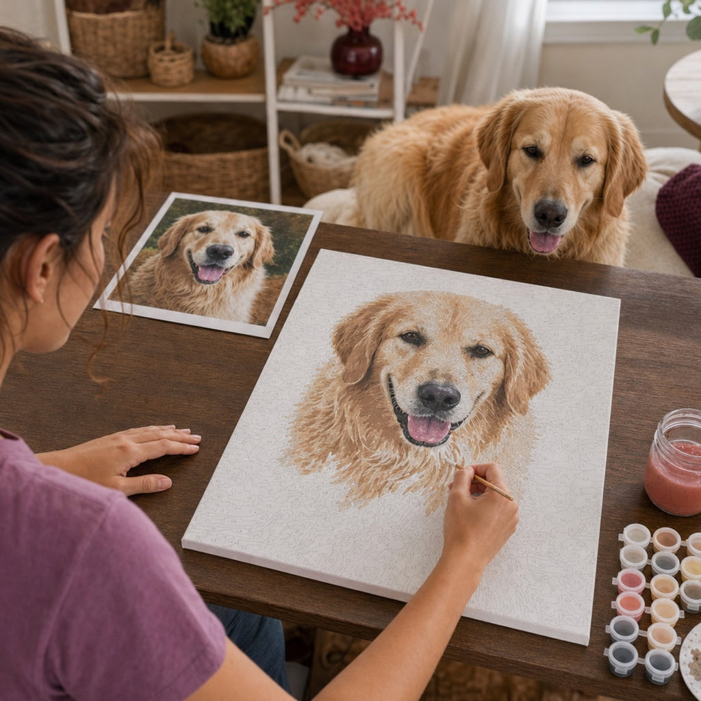 A custom dog portrait being painted from a reference photo