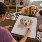 A custom dog portrait being painted from a reference photo