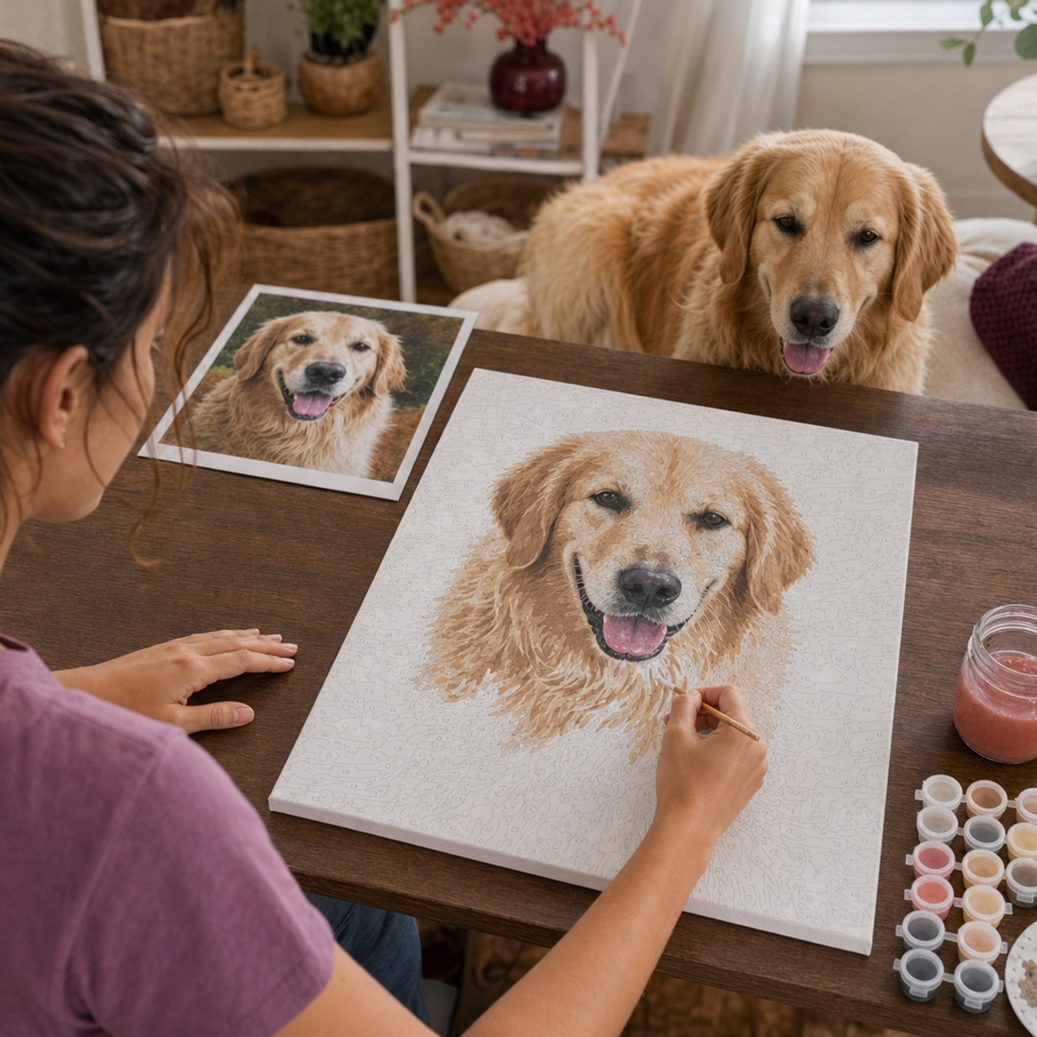 A custom dog portrait being painted from a reference photo
