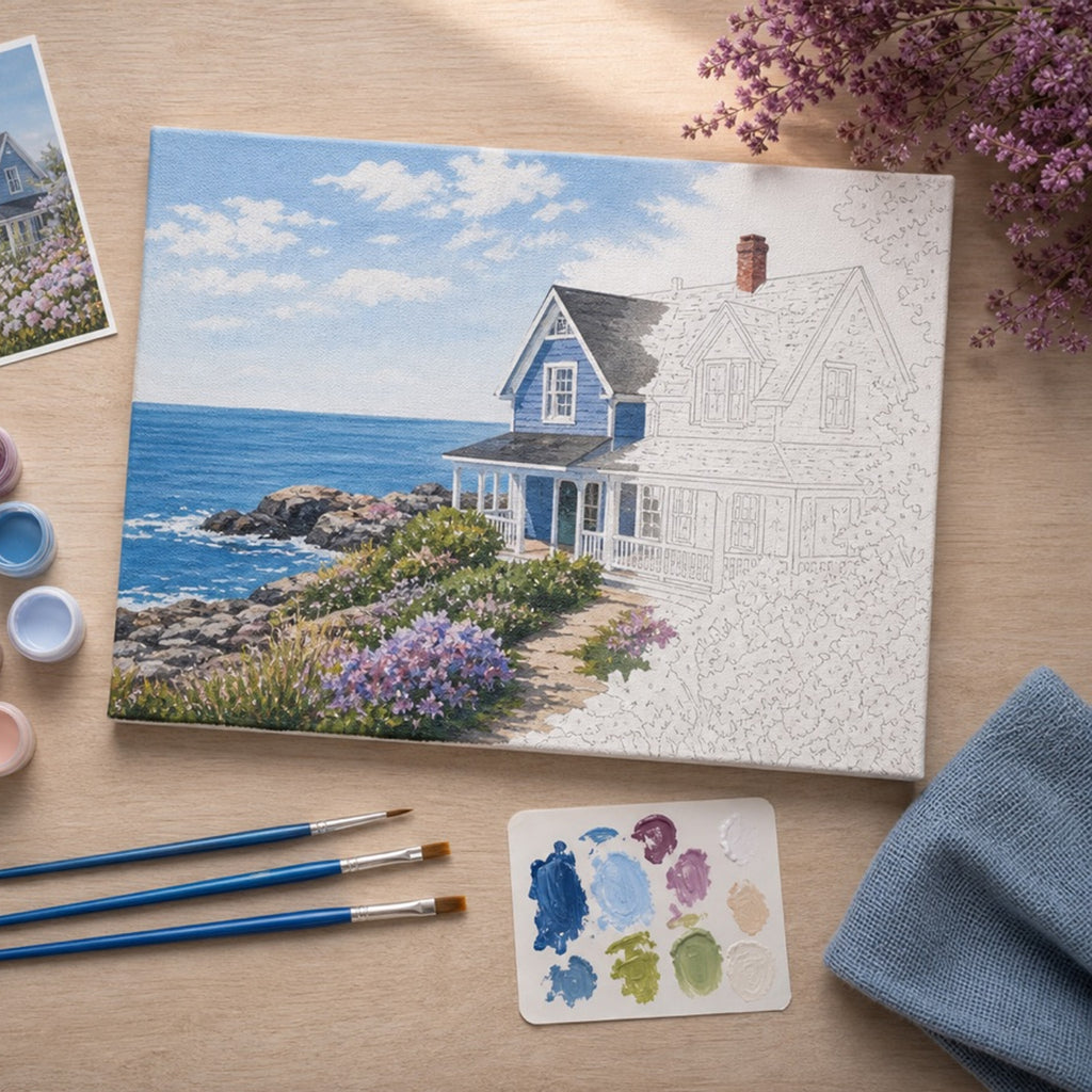 Custom paint by numbers kit laid out on a worktable