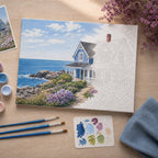 Custom paint by numbers kit laid out on a worktable
