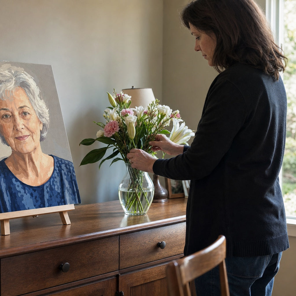A finished memorial portrait displayed at home