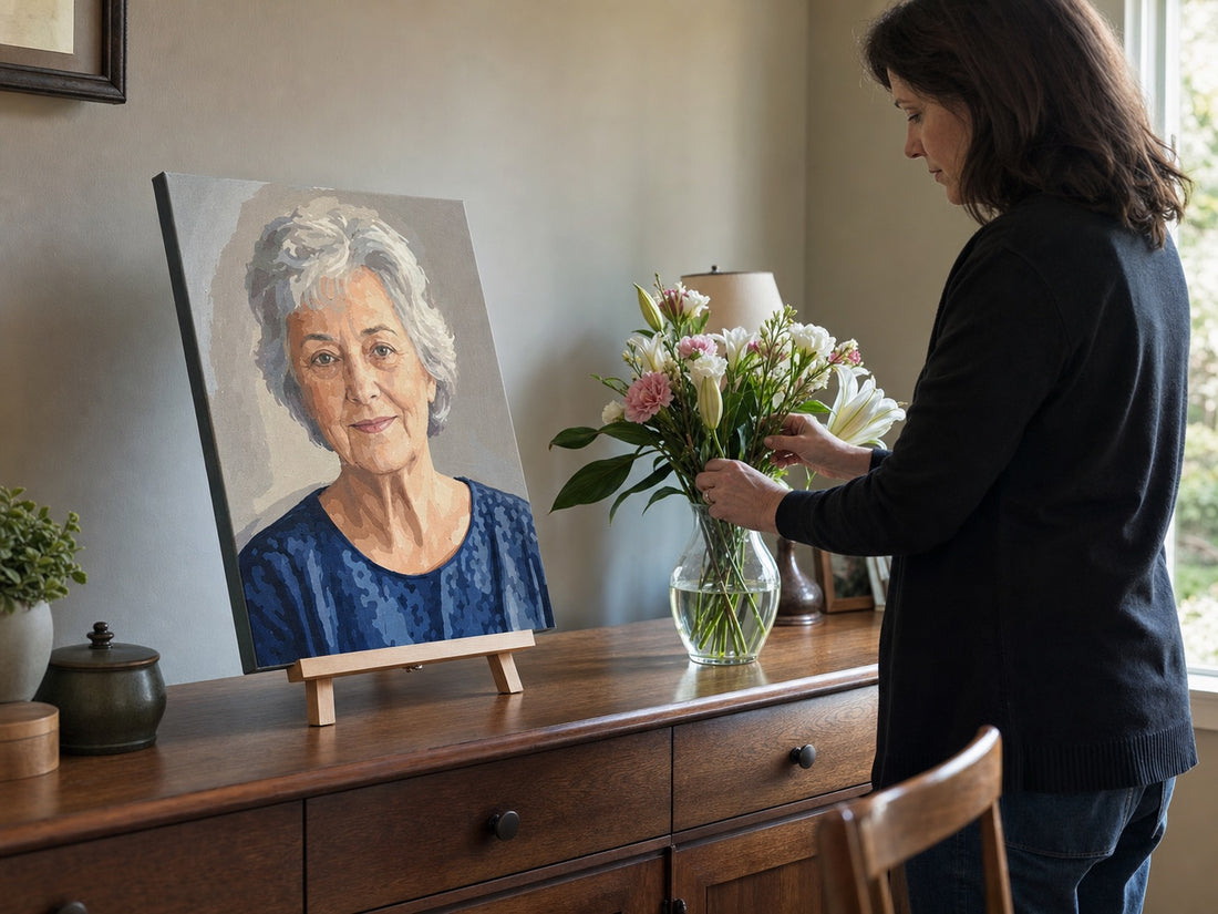Finished memorial portrait displayed in a quiet home setting
