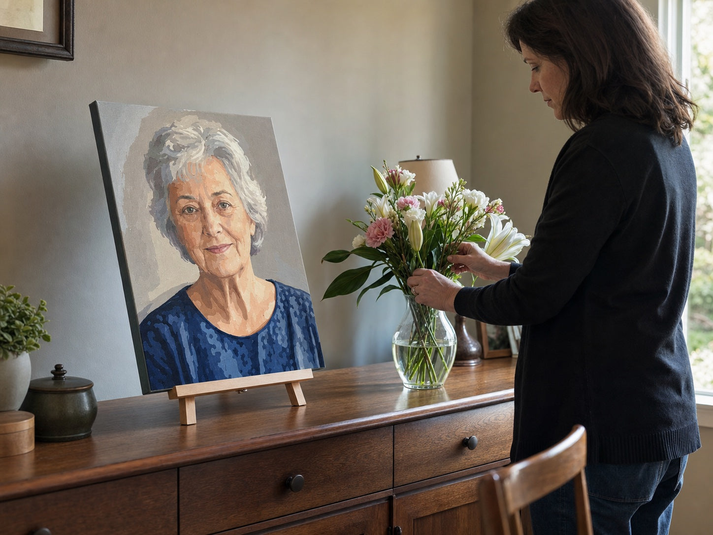Finished memorial portrait displayed in a quiet home setting