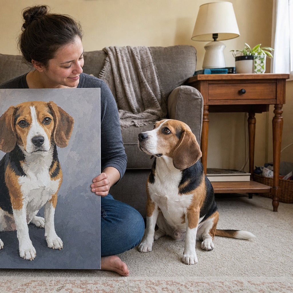 A pet owner holding a finished custom dog portrait