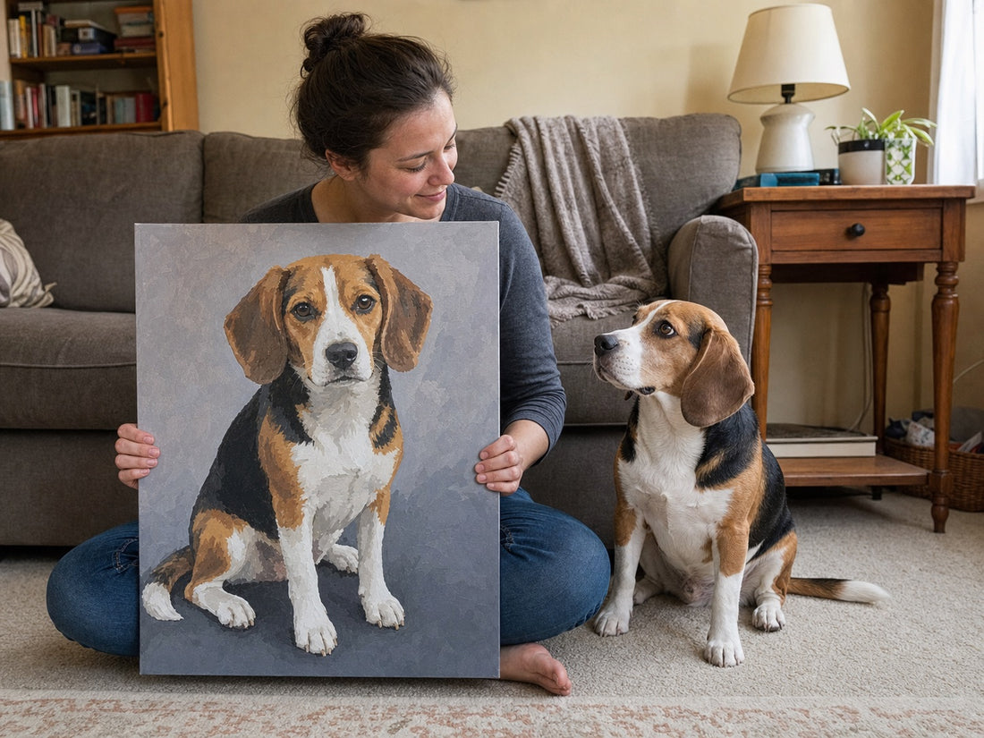 Pet owner holding a finished custom portrait beside the pet who inspired it