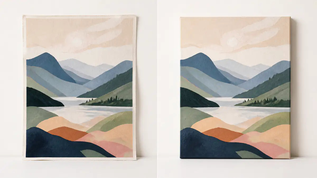 A loose paint-by-numbers canvas compared with a stretched ready-to-hang canvas