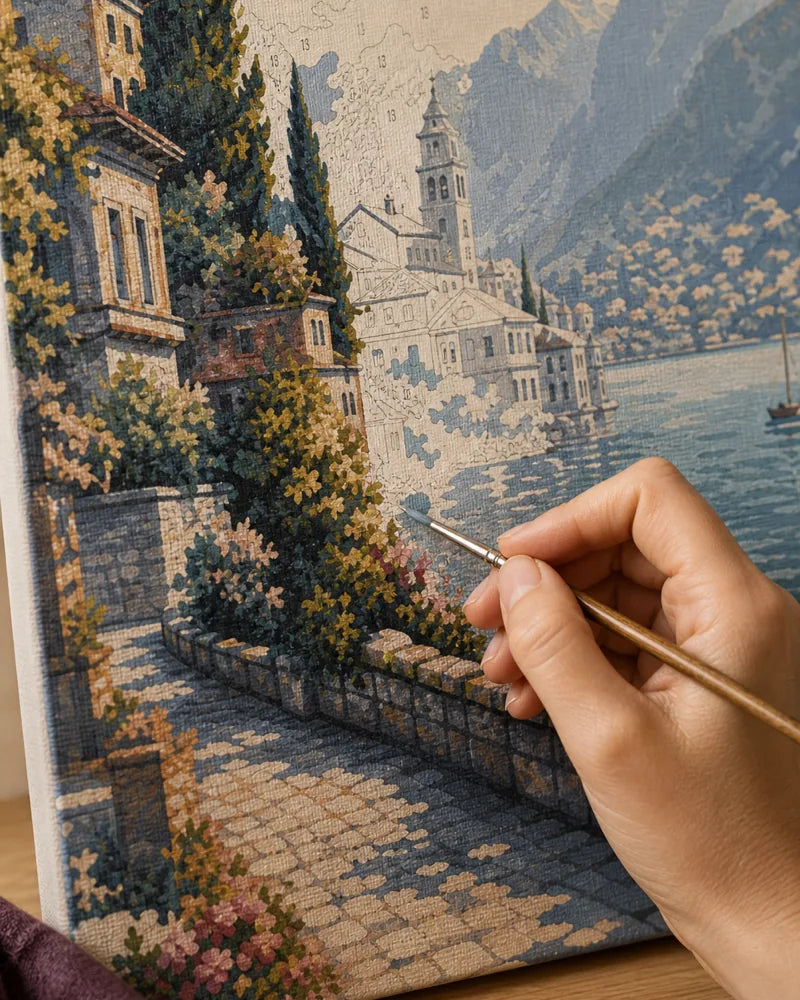 Painter adding color to a numbered canvas