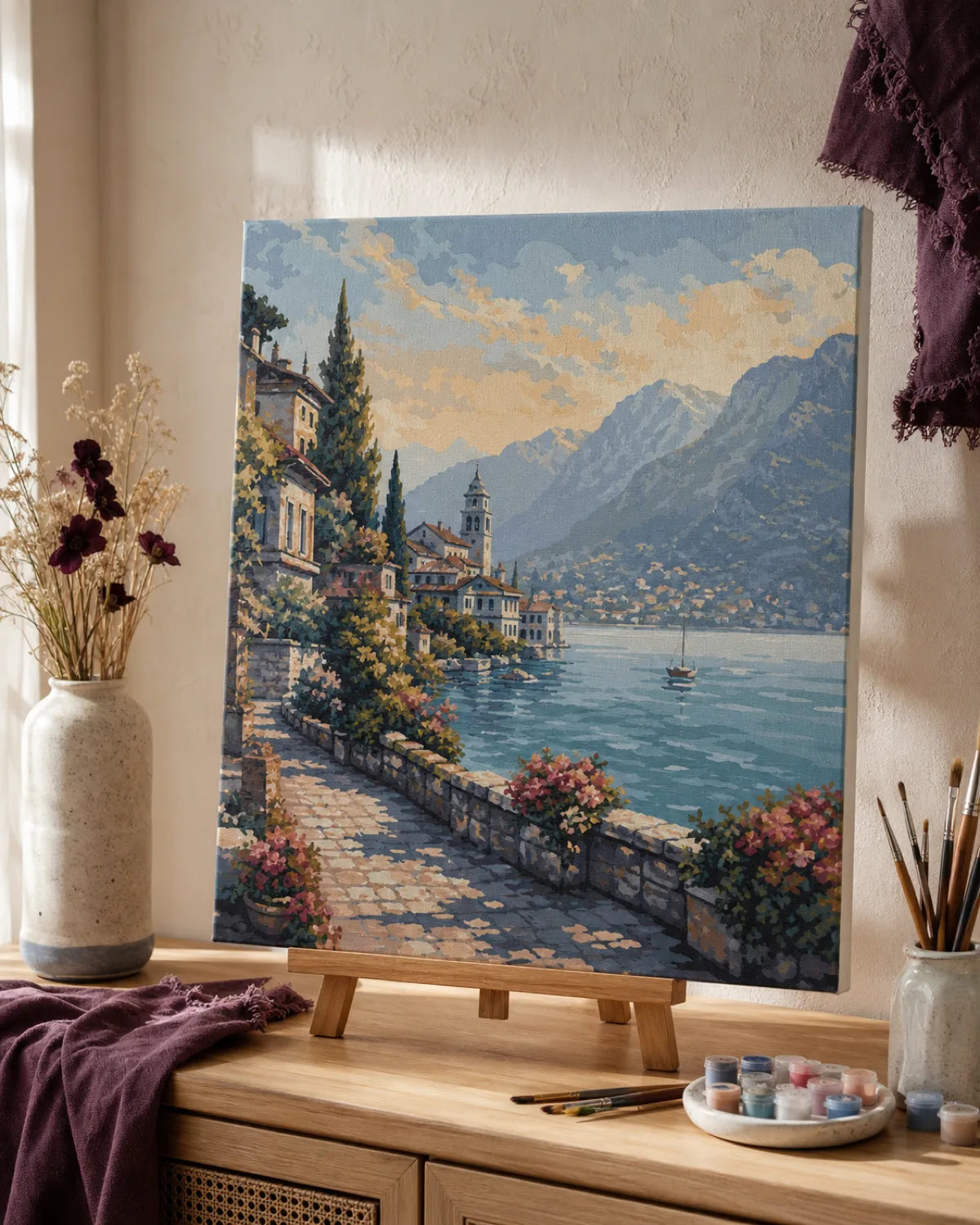 Finished paint by numbers artwork displayed on an easel