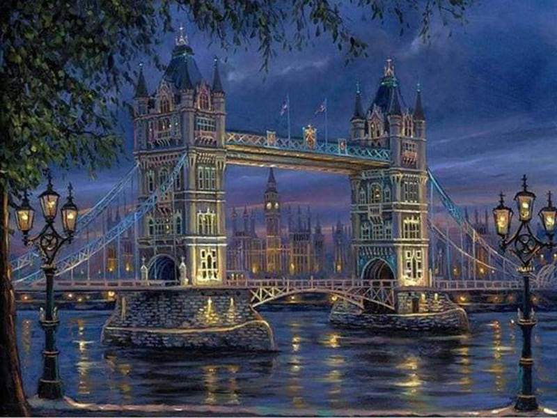 Tower Bridge in London Night finished paint by numbers artwork