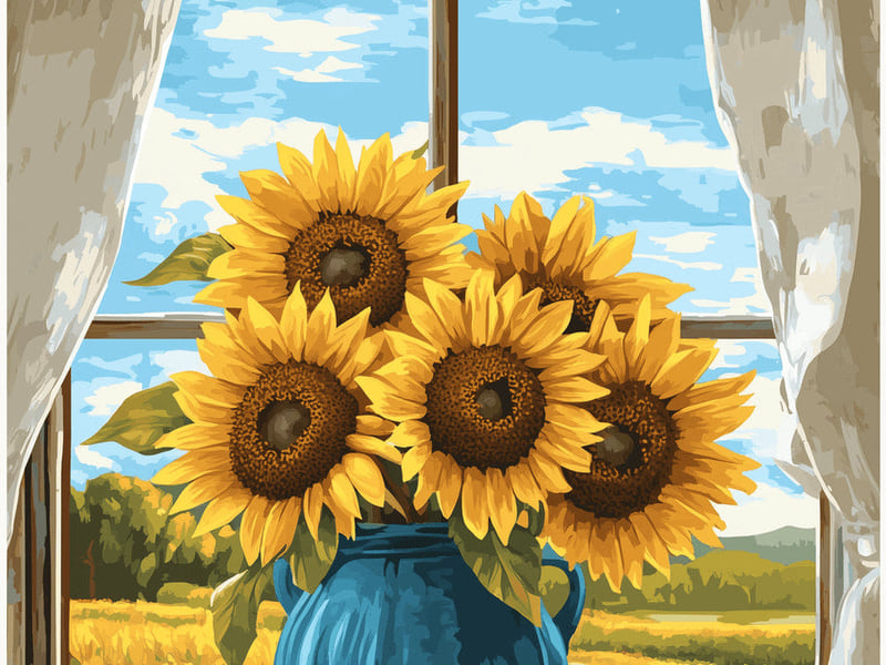 Sunflower Windowsill finished paint by numbers artwork